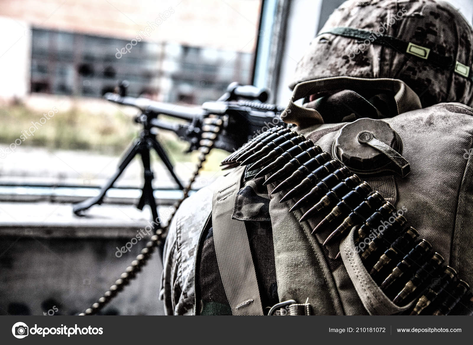 Commando soldier machine gunner firing from window — Stock Photo © zabelin 210181072