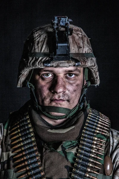 Marine machine gunner with ammo belts on chest — Stock Photo, Image