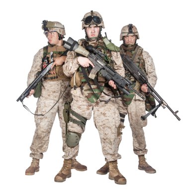 Three equipped and armed U.S. marines studio shoot clipart