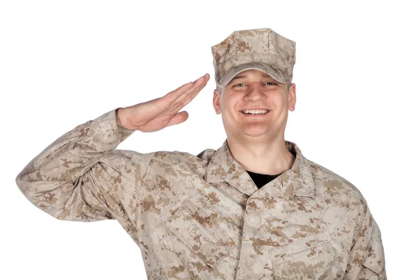 Saluting and smiling army soldier studio shoot — Stock Photo, Image
