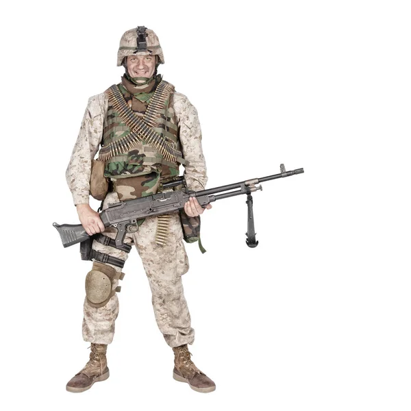 Soldat avec mitrailleuse tir isolé studio — Photo