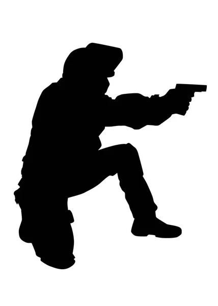 Policeman shooting with pistol vector black silhouette — Stock Vector