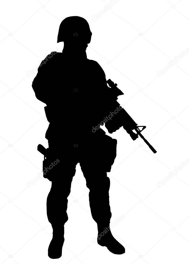 Armed SWAT fighter isolated vector black silhouette