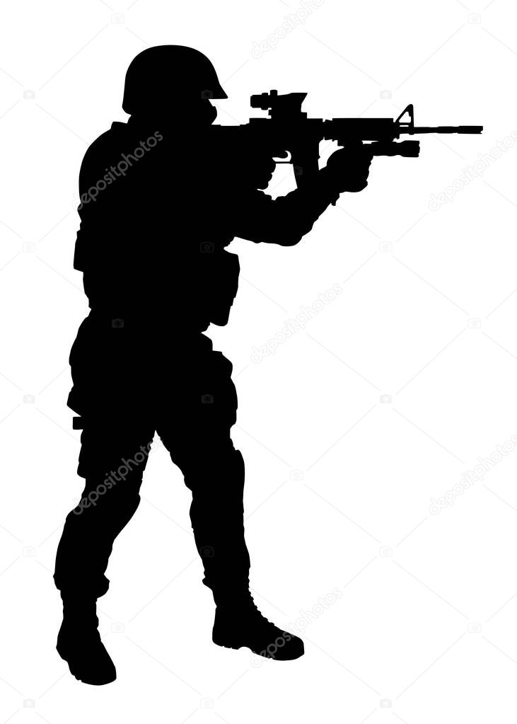 Shooting with rifle SWAT officer vector silhouette