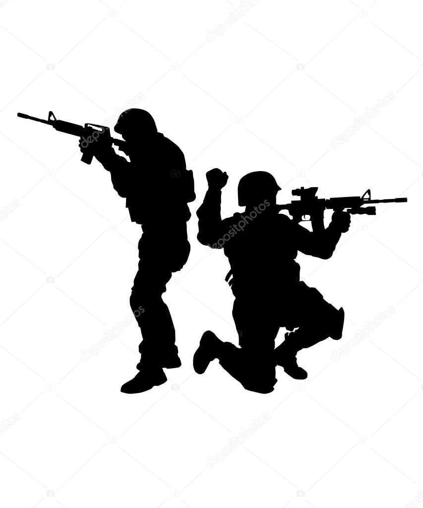 Two SWAT fighters aiming weapon vector silhouette