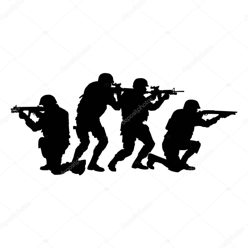 Police SWAT team armed fighters vector silhouette