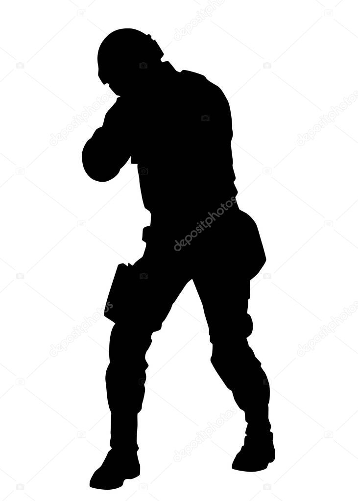 Armed policeman in anti-riot ammunition black silhouette