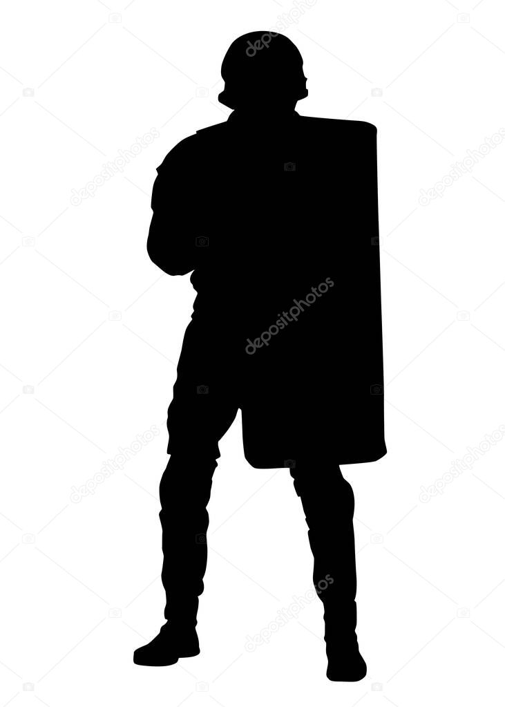 Policeman with anti riot shield vector silhouette
