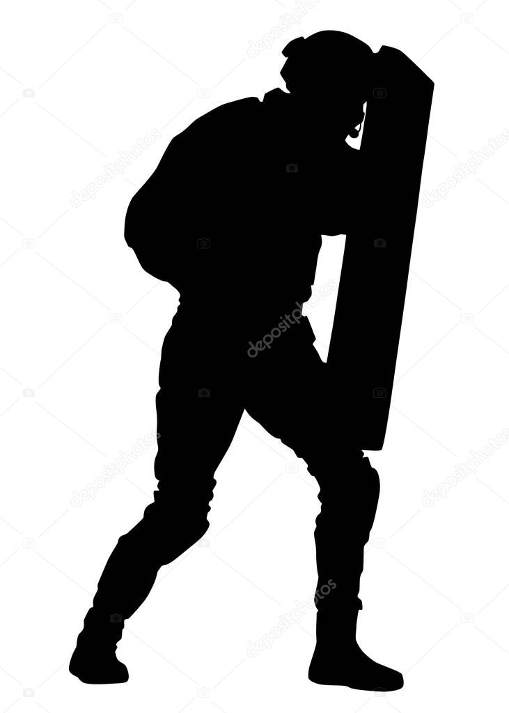 Policeman with anti riot shield vector silhouette