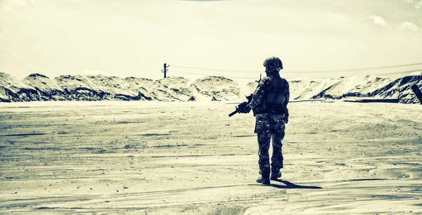 Leger ranger in bestrijding patrouille in woestijn gebied Rechtenvrije Stockfoto's