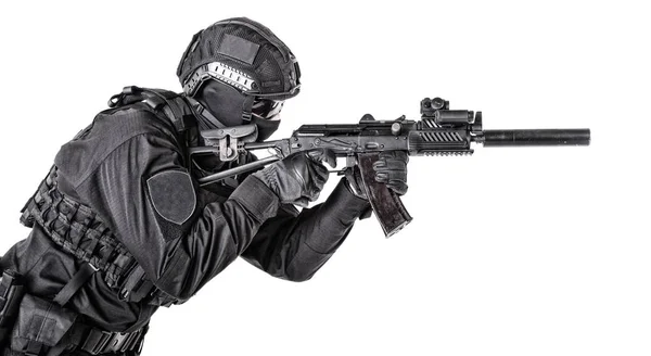Moderne leger soldaat, politie SWAT lid op wit — Stockfoto