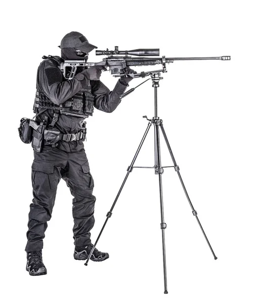 Police SWAT sniper aiming with rifle studio shoot — Stock Photo, Image