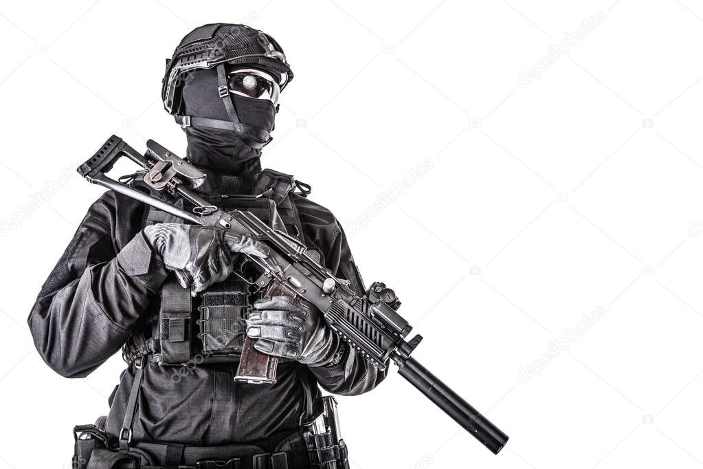 Portrait of police tactical team armed fighter