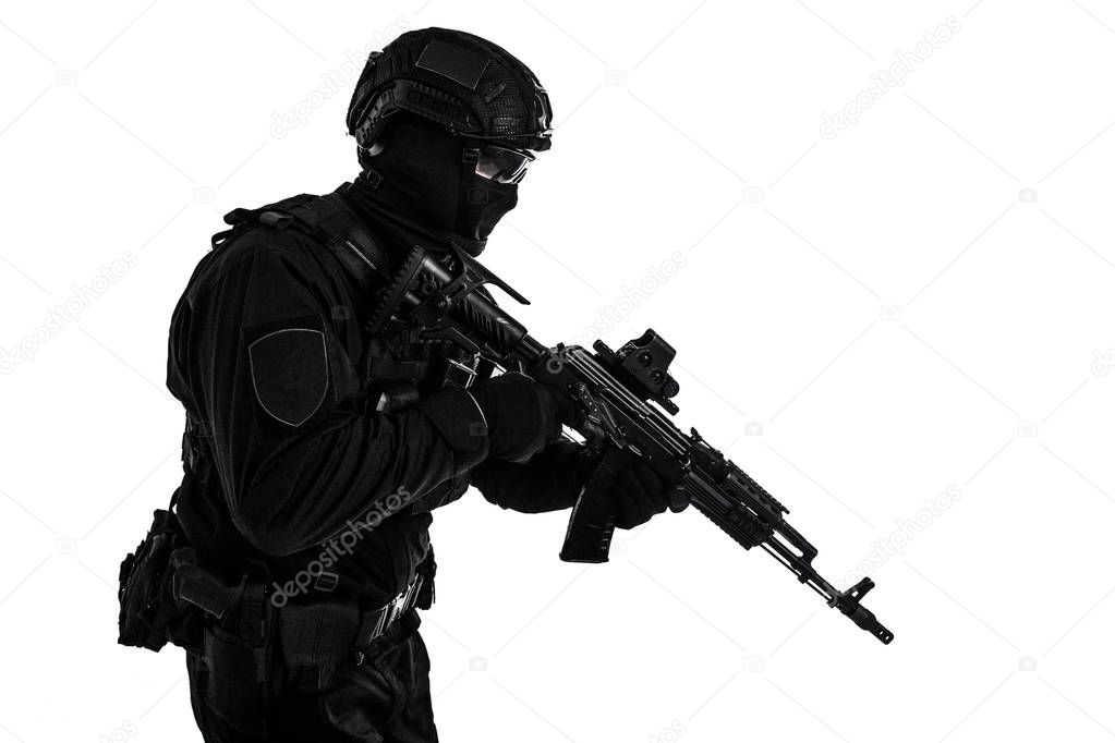 Portrait of police tactical team armed fighter