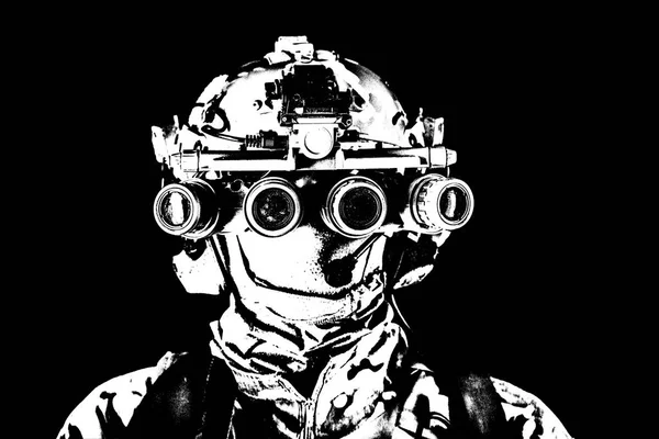 Soldier in night view goggles low key studio shoot — Stock Photo, Image