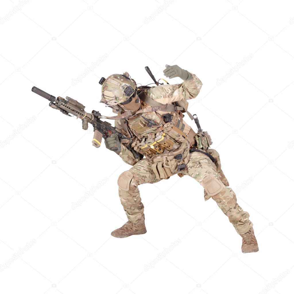 Army soldier going in attack isolated studio shoot