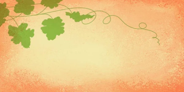 Pumpkin vine leaves and curls in green on orange autumn background with texture, fall or harvest festival party design