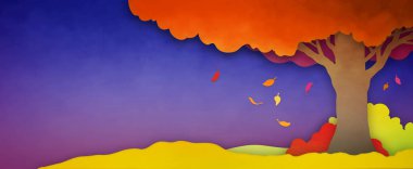 Autumn or fall season background landscape with falling leaves from colorful tree in orange yellow red and pink colors on purple blue background texture. Silhouette nature design illustration.