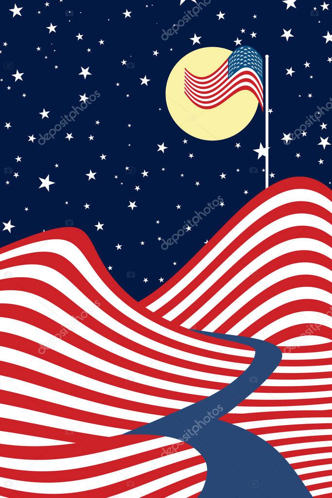 Abstract July 4th flag background in modern art style stars and stripes design with blue path through mountains and flag in front of moon, veteran's day or memorial day in red white and blue 