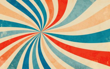 Retro yıldız patlaması arka plan deseni ve turuncu kırmızı bej şeftalili grunge desenli vintage renk paleti ve spiral veya kıvrımlı radyal çizgili vektör tasarımı mavi