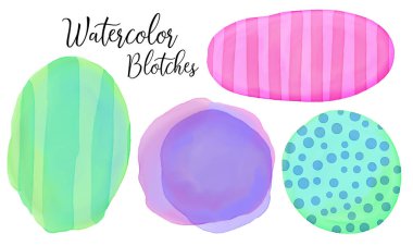 Suluboya lekeleri mavi yeşil ve mor, soyut çizgili lekeler veya lekeler, boya lekeleri ve suluboya desenli eğlenceli renklerde renkler.