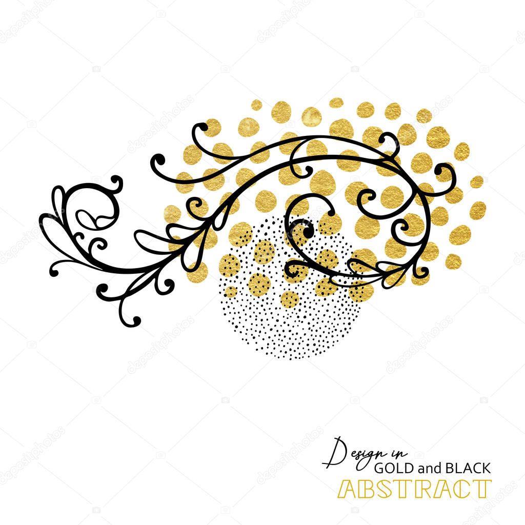 Gold black and white modern background design element, textured gold circle shapes and spots layered with black spots on white background, creative fun black flourish scroll pattern