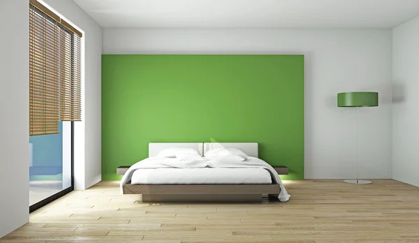 Μοντέρνο κρεβάτι σε ένα άδειο δωμάτιο 3d rendering — Φωτογραφία Αρχείου