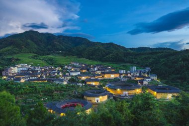fujian, Çin Chuxi Tulou kümesinin havadan görünümü
