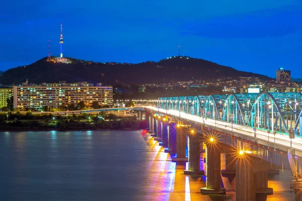 Vista Nocturna Seúl Por Río Han Corea Del Sur —  Fotos de Stock