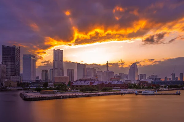 Puesta Sol Puerto Yokohama Cerca Tokyo Japón — Foto de Stock