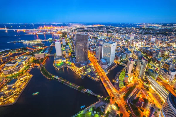 Vista Aérea Del Puerto Yokohama Japón Por Noche — Foto de Stock