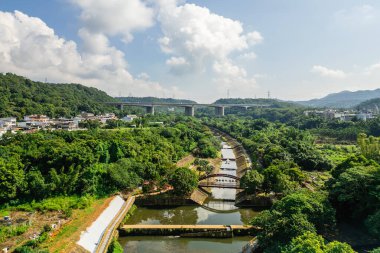 Aerial view of Niulanhe Riverside Park located in Guanxi Township, Hsinchu County, Taiwan