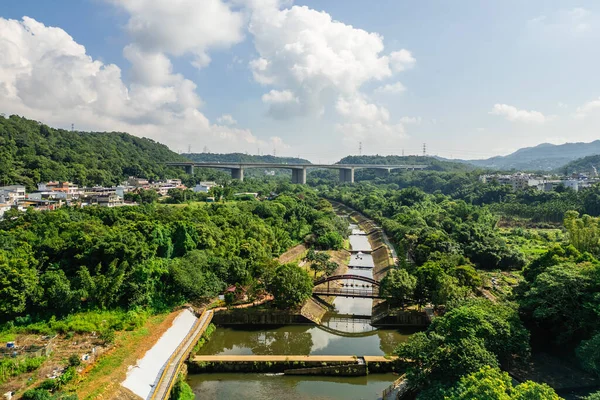 Aerial view of Niulanhe Riverside Park located in Guanxi Township, Hsinchu County, Taiwan