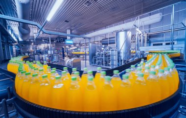 İçecek fabrika iç. Konveyör şişe suyu veya su ile. Modern aletleri