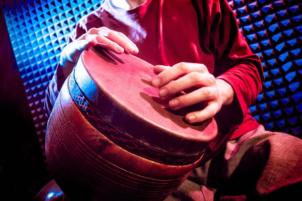 Young Man Playing Djembe Sound Recording Studio African Drums — Stock Photo, Image