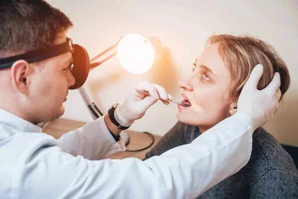 Otolaryngologist Examines Woman Throat Medical Spatula Medical Equipment — Stock Photo, Image