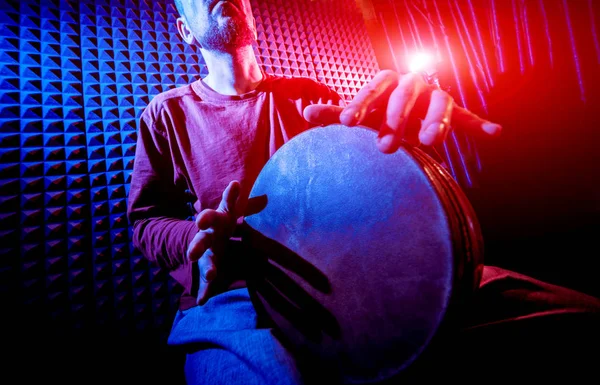 Young Man Playing Djembe Sound Recording Studio African Drums — Stock Photo, Image