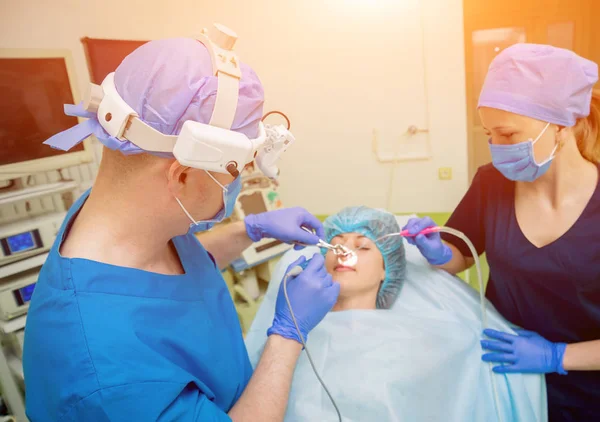 Laser vaporization of nasal concha with coblation technology method. Endoscopic sinus surgery. Modern medical equipment