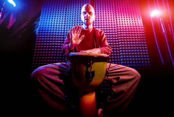 Young Man Playing Djembe Sound Recording Studio African Drums — Stock Photo, Image