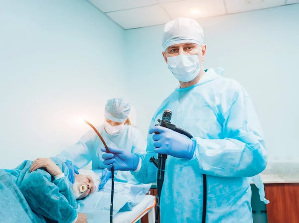 Endoscopy Hospital Doctor Holding Endoscope Gastroscopy Medical Examination — Stock Photo, Image