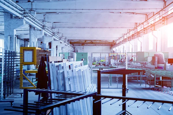 Fabryki Produkcji Okien Drzwi Pcv Aluminium Szczegóły Urządzenia Przemysłowe Tło — Zdjęcie stockowe
