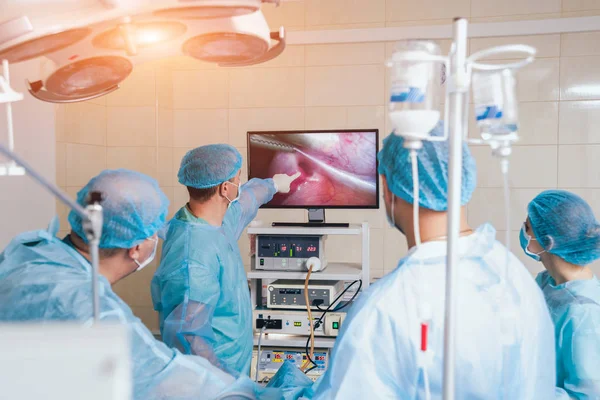 Process Gynecological Surgery Operation Using Laparoscopic Equipment Group Surgeons Operating — Stock Photo, Image