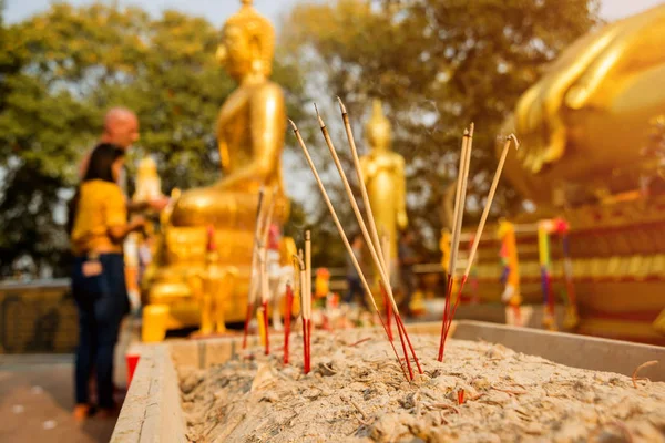 Symbols Buddhism Burning Incense Sticks South Eastern Asia Details Buddhist — Stock Photo, Image