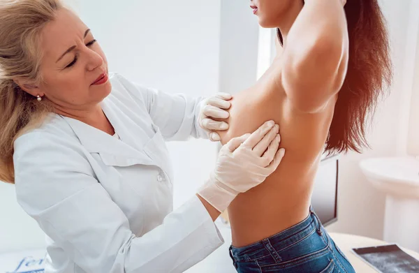 Doctor Get Examining Breast Young Woman Consultation Gynecologist Diagnostic Healthcare — Stock Photo, Image