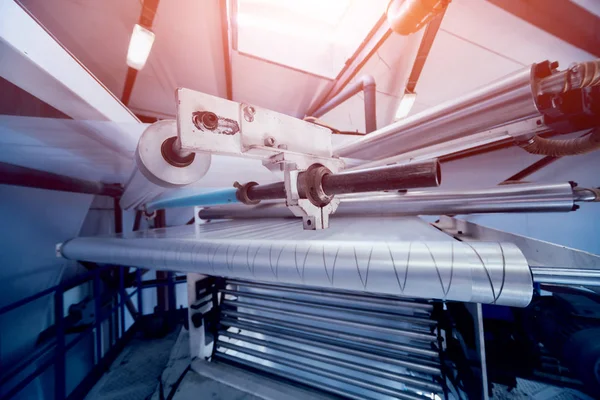 Línea Producción Automatizada Moderna Fábrica Proceso Fabricación Bolsas Plástico Contexto — Foto de Stock