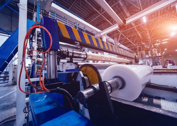 Nowoczesnej Zautomatyzowanej Linii Produkcyjnej Fabryce Procesu Produkcyjnego Plastikowej Torbie Tło — Zdjęcie stockowe
