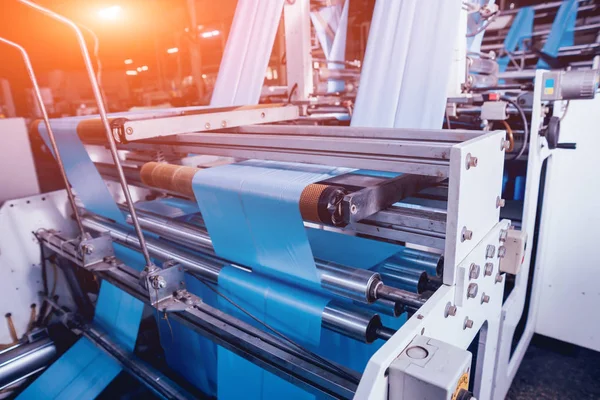 Modern Automatizált Gyártósor Gyárban Műanyag Zacskót Gyártási Folyamat Háttér — Stock Fotó