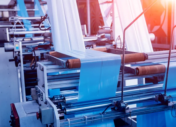 Modern Automatizált Gyártósor Gyárban Műanyag Zacskót Gyártási Folyamat Háttér — Stock Fotó