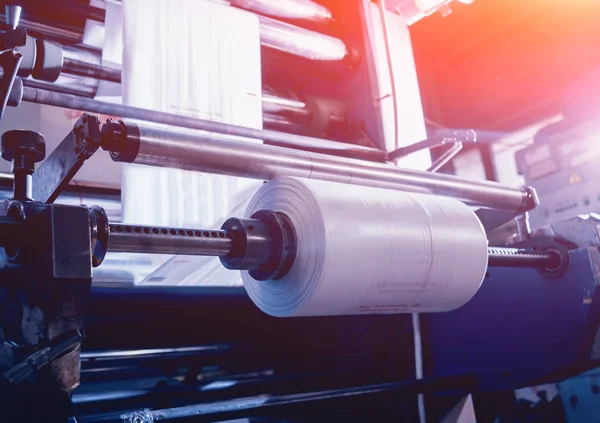 Línea Producción Automatizada Moderna Fábrica Proceso Fabricación Bolsas Plástico Contexto —  Fotos de Stock
