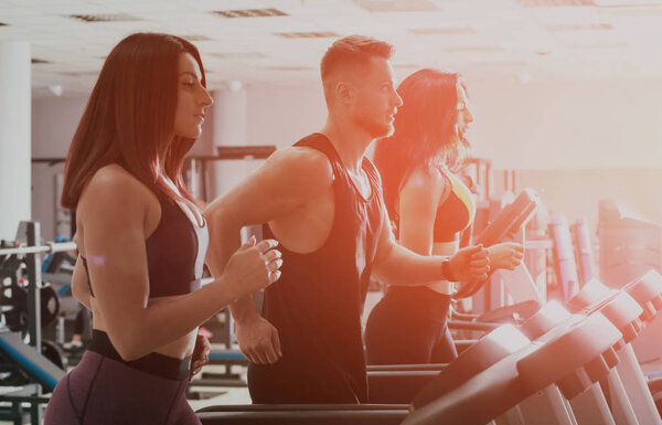 Young peoples training on treadmill at the gym. In fitness center. Health concept